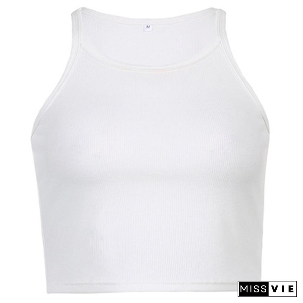 Casual White Sleeveless Cotton Cami Top Women Fashion Ribbed Crop Top Tees Ladies Basic Fitness Camisole Summer