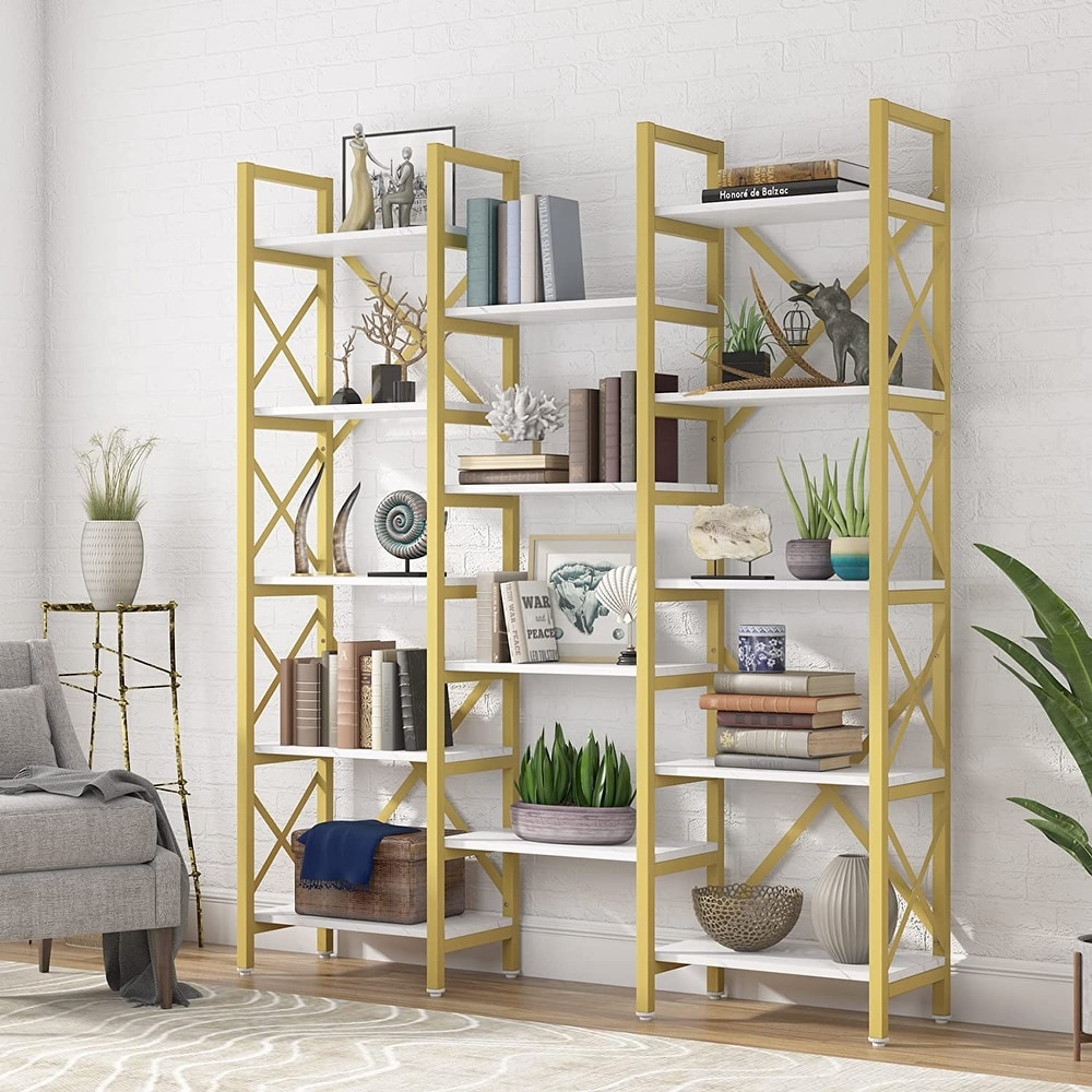 Open Triple Wide 5 Shelf Bookcase  Industrial Etagere Bookshelf for Home   Office