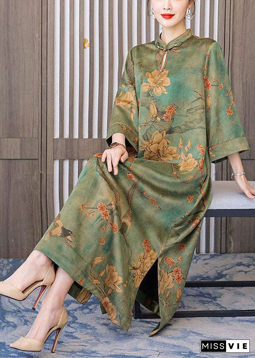 Boutique Green Print Chinese Button Silk Long Dress Bracelet Sleeve