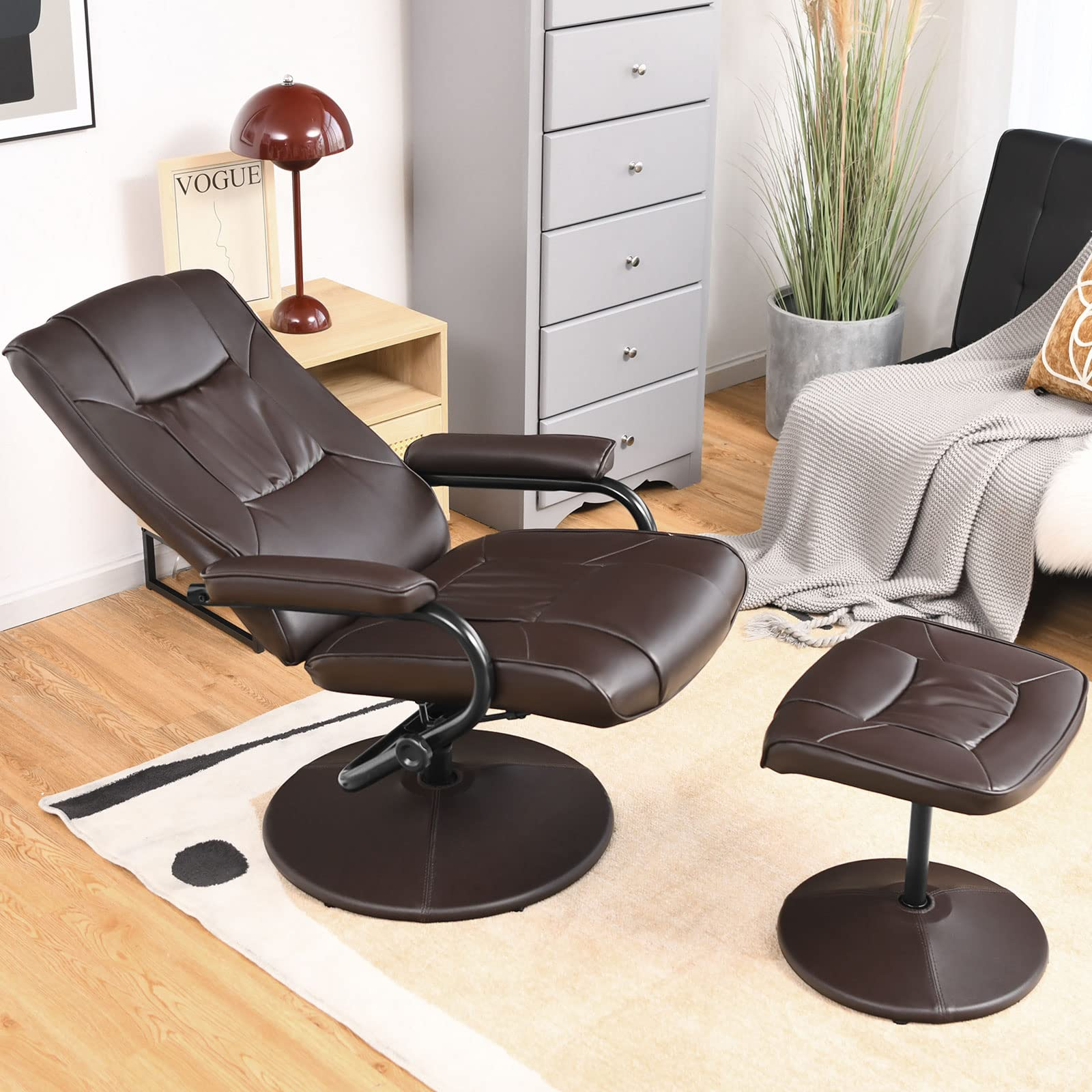 Giantex Recliner Chair with Ottoman, 360 Degree Swivel Leather Reclining Chair with Stable Steel Base