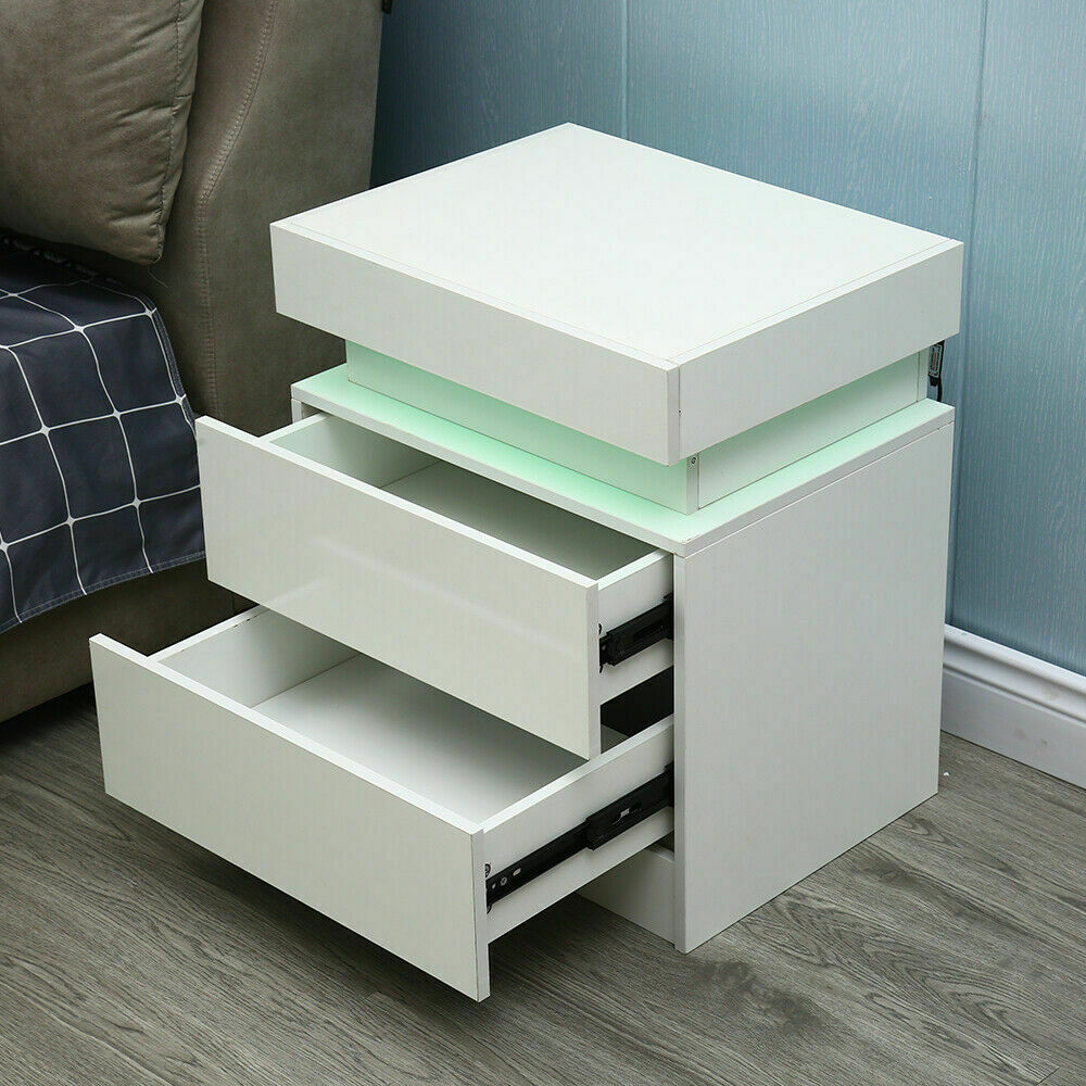 Oukaning Modern Bedroom LED Nightstand Bedside End Table Storage+2 Glossy Drawer