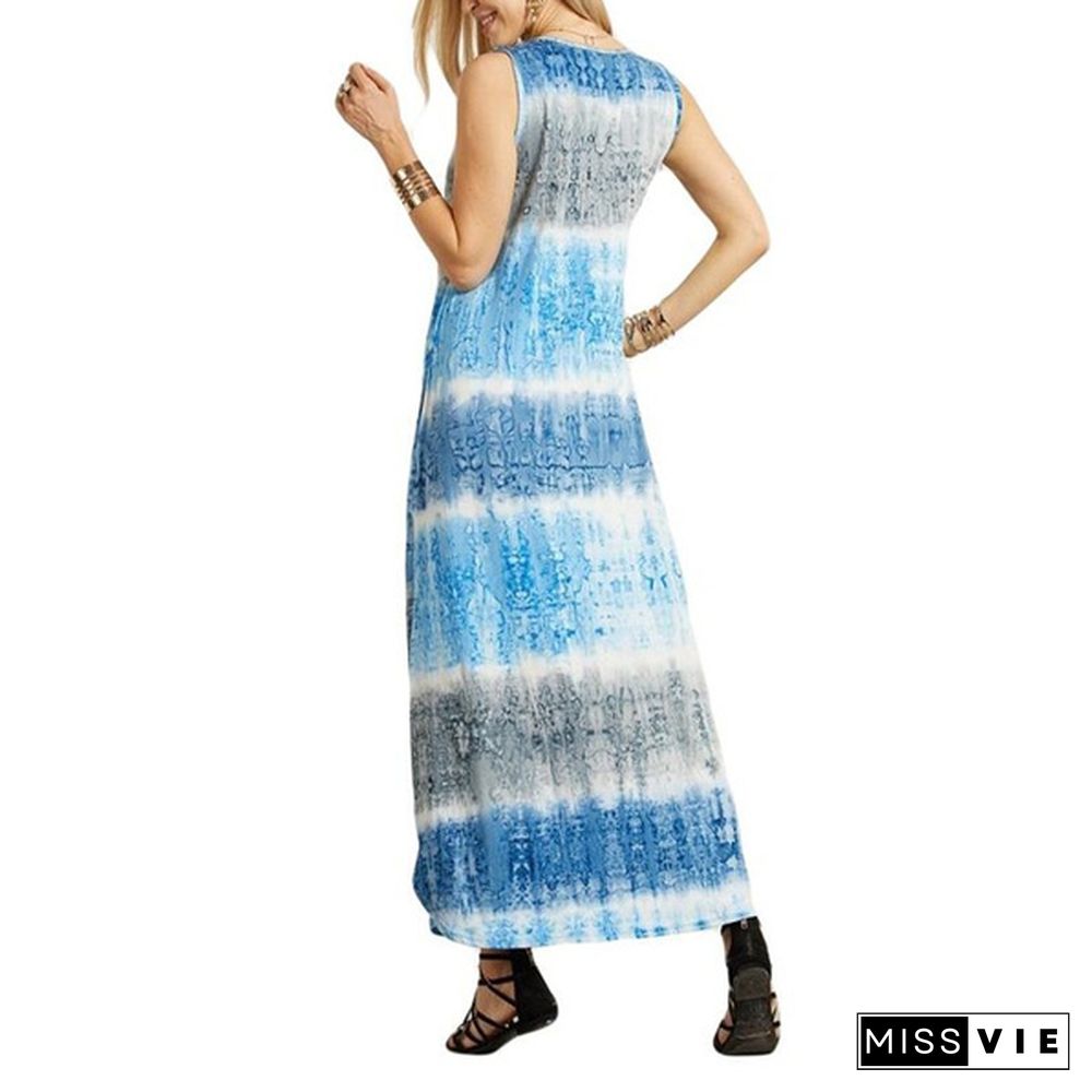 Womens Boho Sleeveless Maxi Dress Summer Casual Loose Tie dye printing Long Sundress Plus Size