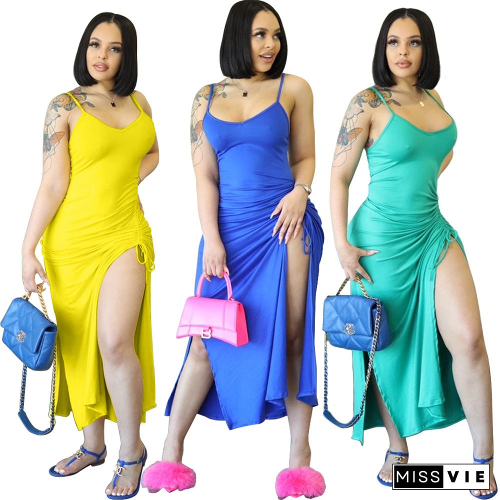 Drawstring Spaghetti Straps Ruched Slit Maxi Dresses