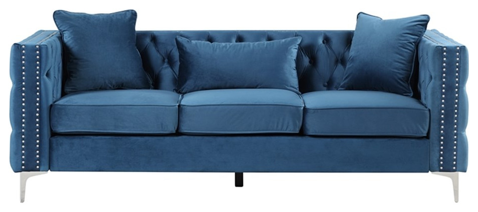 RN Furnishings 3 Piece Button Tufted Velvet Contemporary Sofa Set  Blue   Midcentury   Living Room Furniture Sets   by Homesquare  Houzz