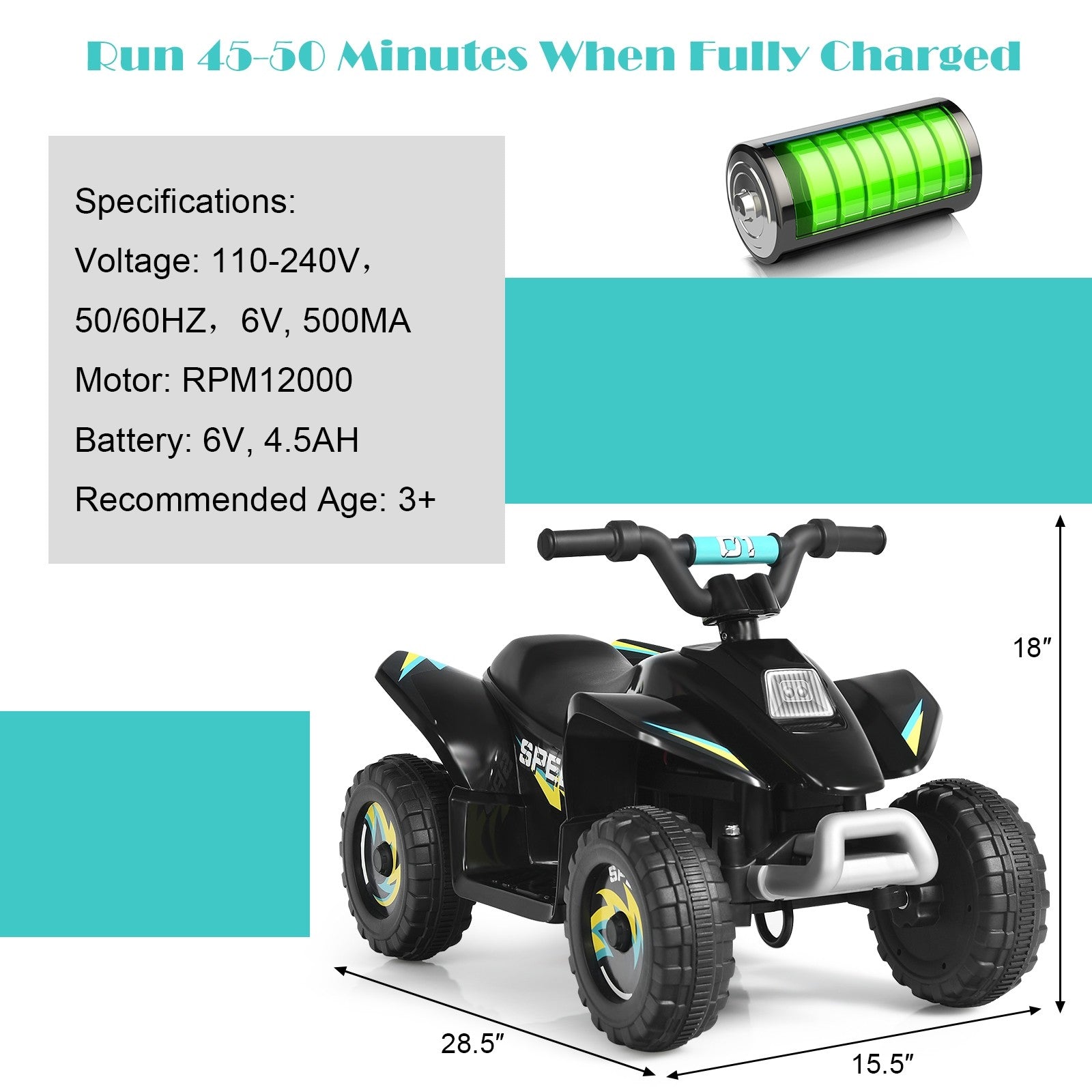 Costzon Ride on ATV, 6V Battery Powered Electric Quad, High/Low Speeds, Forward/ Reverse Switch