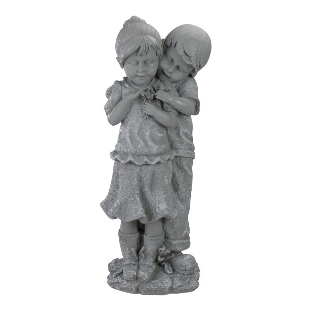 Gray Boy Hugging Girl Outdoor Garden Statue