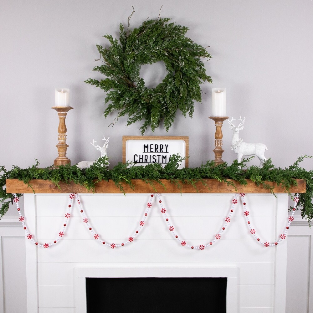 9' Red and White Peppermint Candy Beaded Christmas Garland Unlit