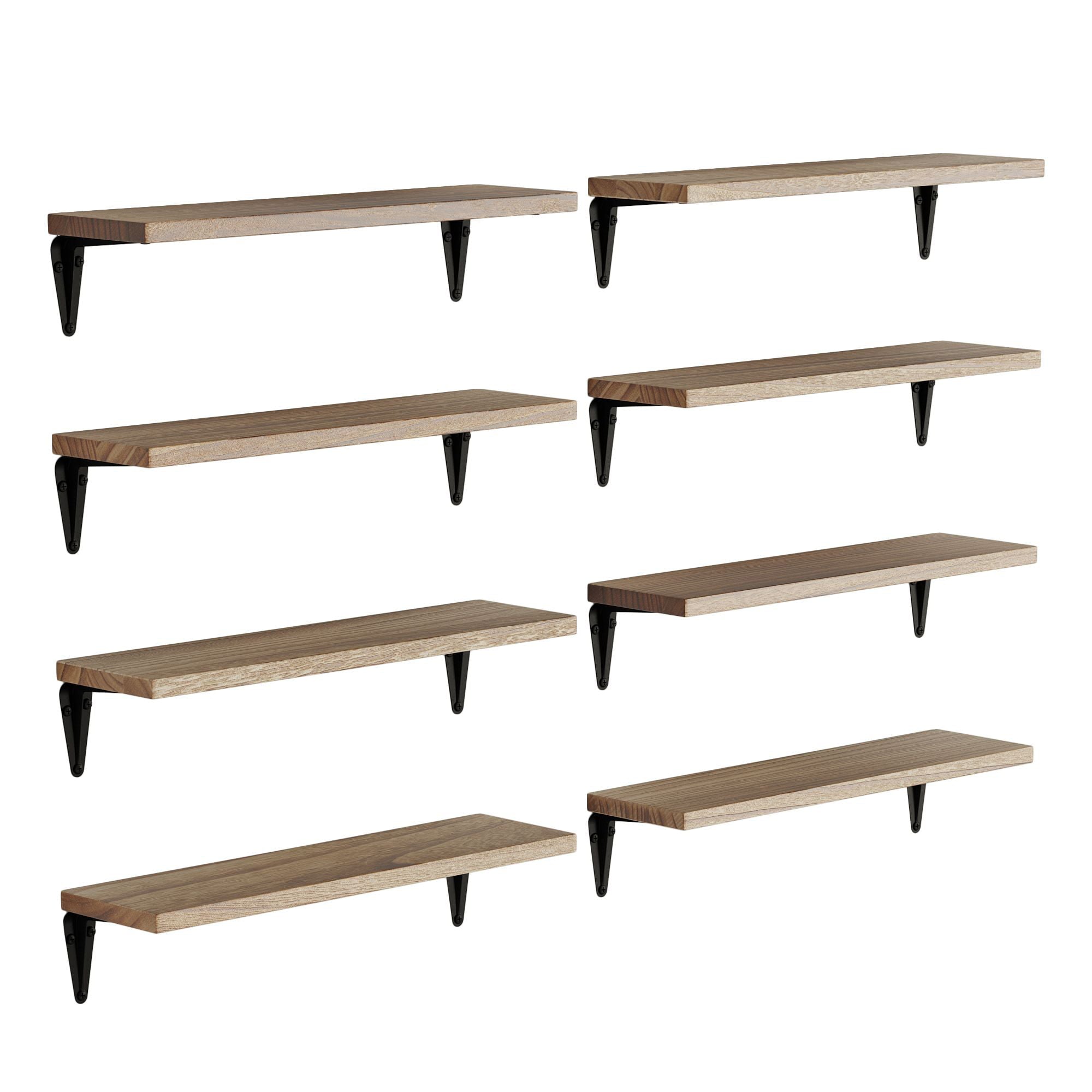 Wallniture Arras Wall Shelf for Bedroom Set of 8 Floating Shelves with Bracket Black Modern Farmhouse Decor Home Office Wall Bookcase, Natural Burned