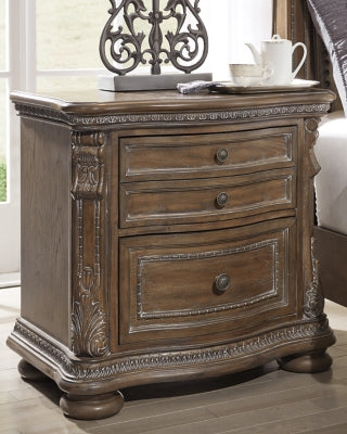 Signature Design by Ashley Charmond Ornate 3 Drawer Nightstand with 2 Felt-Lined Accessory Drawers, 2 AC Power Outlets & 2 USB Charging Stations, Dark Brown Oak Finish