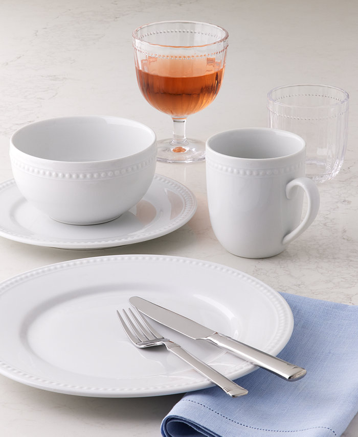 Fitz and Floyd Everyday White Beaded Dinnerware Glassware and Everyday Bistro Band Flatware