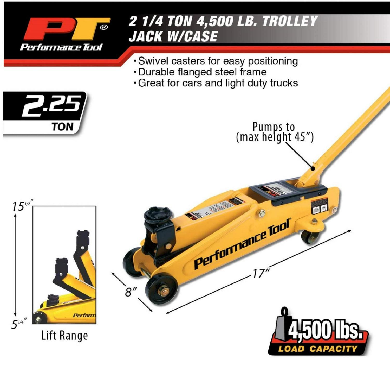 Performance Tool W1611 2.25-Ton 4500 lbs Trolley Jack with Storage/Carrying Case