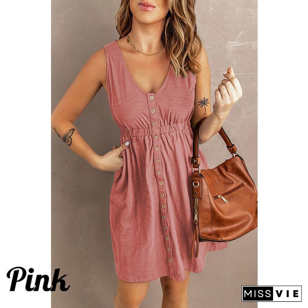 Womens Casual Sleeveless Button Down Elastic Waist Swing Loose Plain Short Dresses Plus Size Tank Tops Dresses