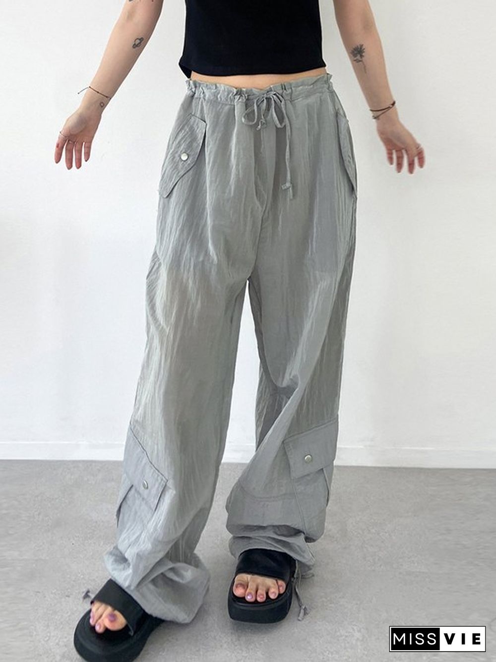 Wide Leg Tie Strap Parachute Cargo Pants