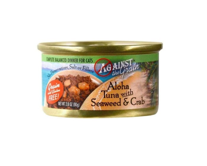 Against the Grain Wet Cat Food， Aloha Tuna with Seaweed  Crab Dinner， 2.8 oz. Can