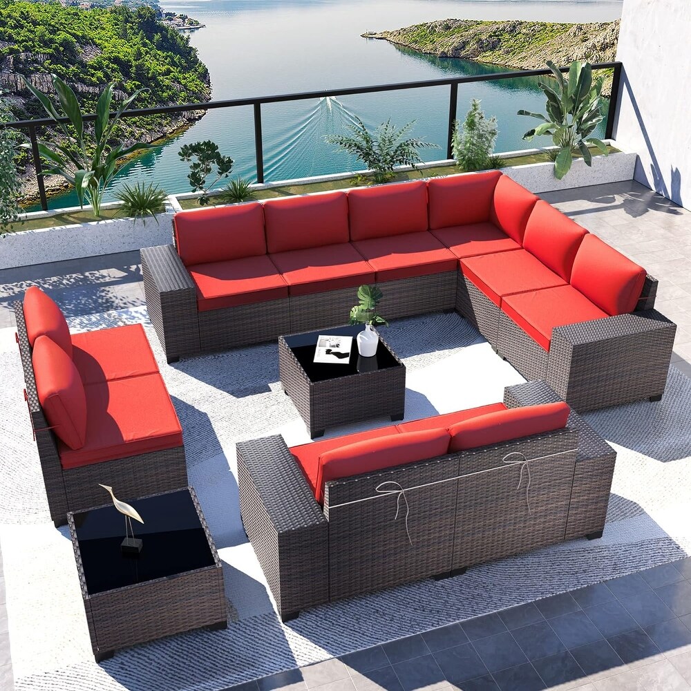 Kullavik 12 Pieces Outdoor Patio Furniture Set Sectional Rattan Sofa Set with Tempered Glass Table