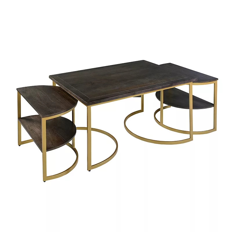 38 Inch Rectangle Metal Nesting Coffee Table - 3 pcs set， Dark Brown， Gold