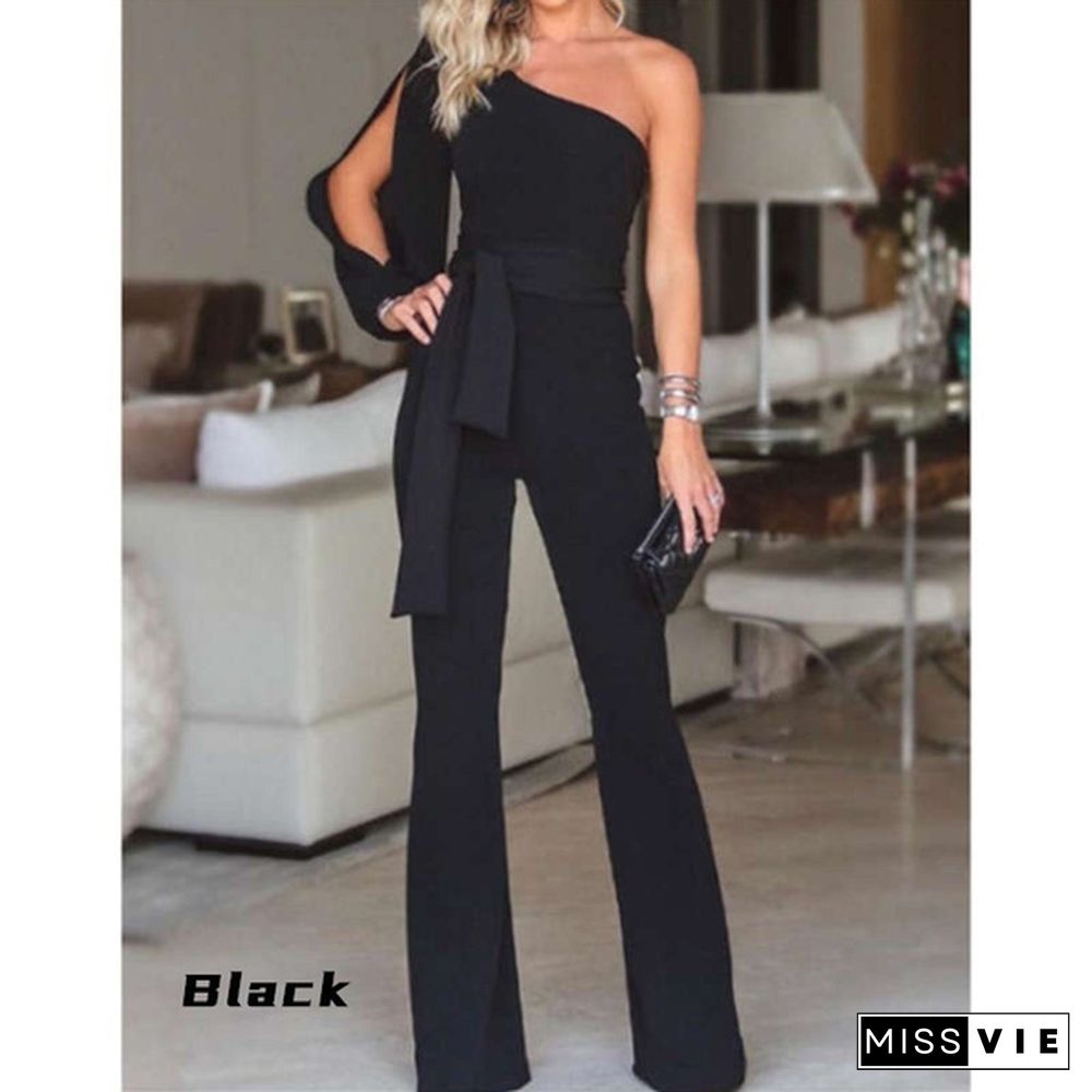 New Women Fashion Belted Overalls Pure Color Personality Oblique Shoulder Long Jumpsuit