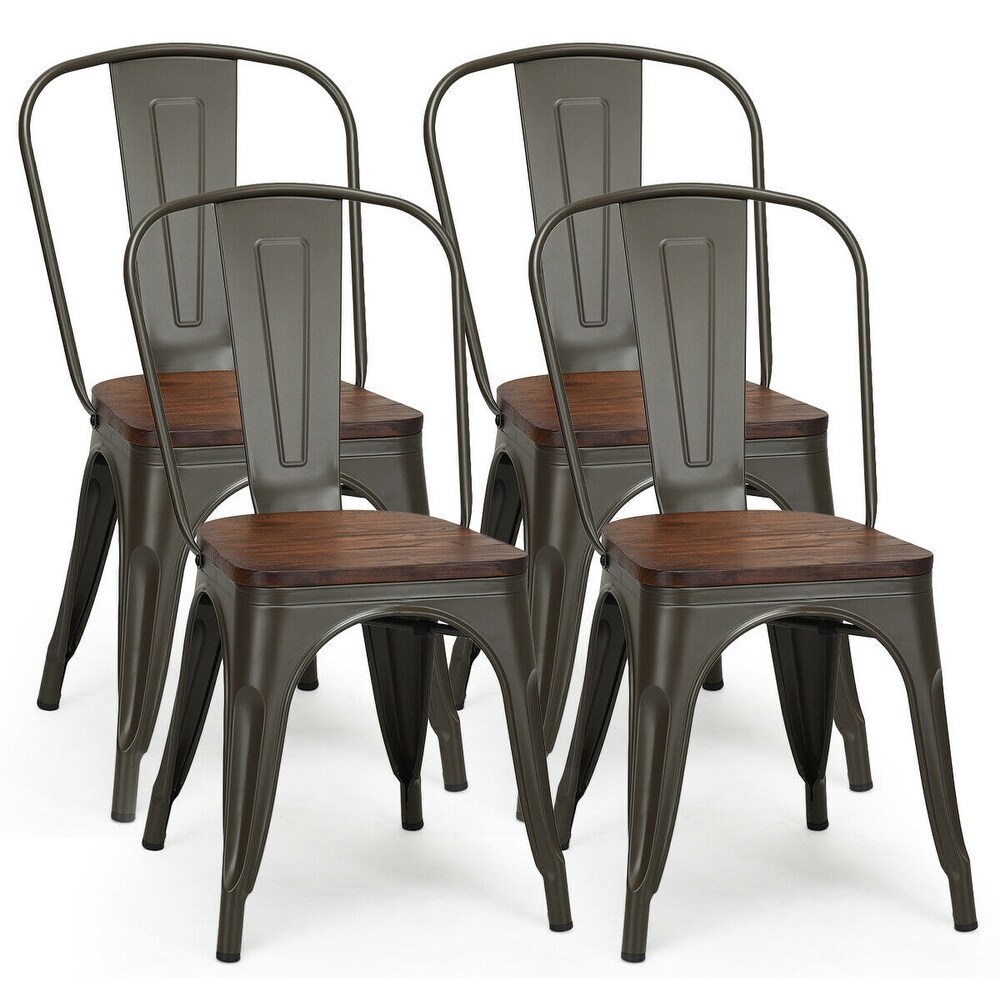 Costway Set of 4 Style Metal Dining Side Chair Wood Seat Stackable   Set of 4