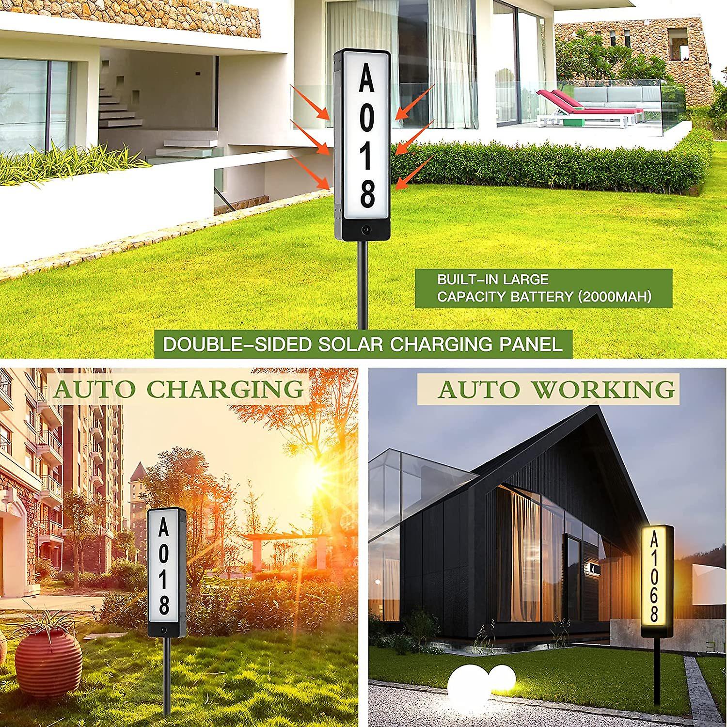 Double Sided Solar Address Plaques House Number， 2 Solar Panel Outdoor Waterproof Address Lighted House Number， Led Illuminated Address Plate With Sta