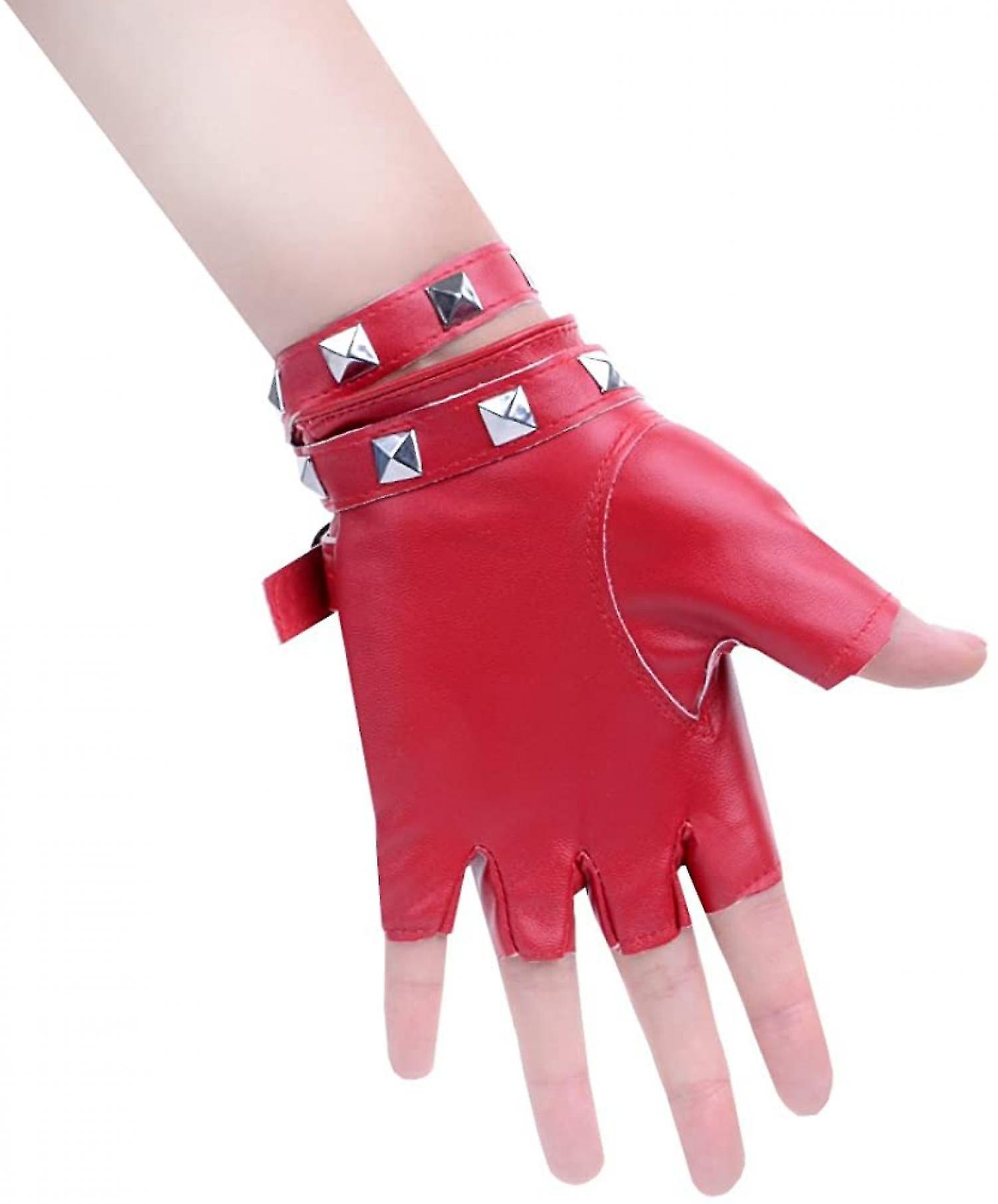 Women Pu Leather Punk Gloves Rivets Belt Up Or Snap Half Finger Performance Mittens， Red