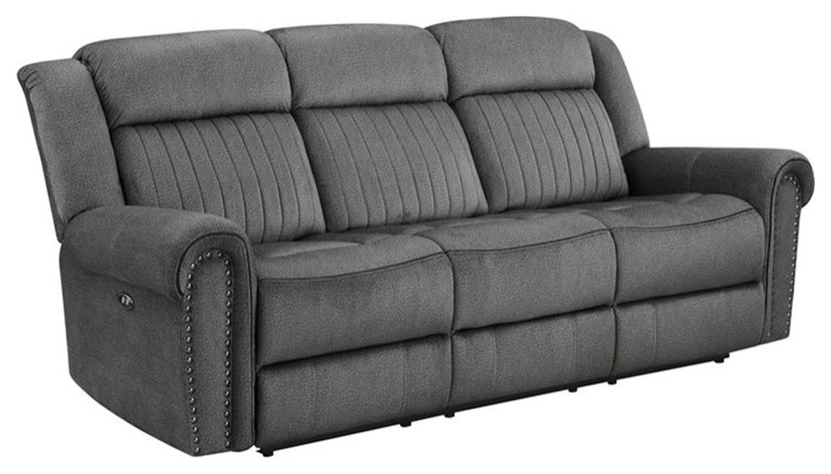 Bowery Hill Wood  ampMicrofiber Power Double Reclining Sofa in Charcoal   Transitional   Sofas   by Homesquare  Houzz