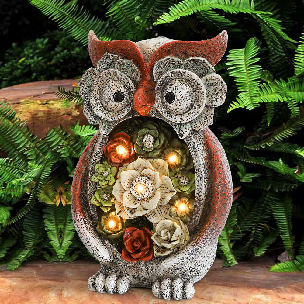 Garden Statue Owl Figurine - Resin Statue with Solar LED Lights for Patio Yard Art Decor, Lawn Ornaments, Indoor Outdoor Decorations