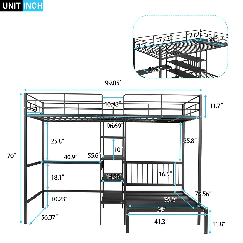 Full Over Twin Metal Bunk Bed  L Shaped Loft Bed Frame with Built in Desk  Shelves  Ladder  Storage Shelves  Black