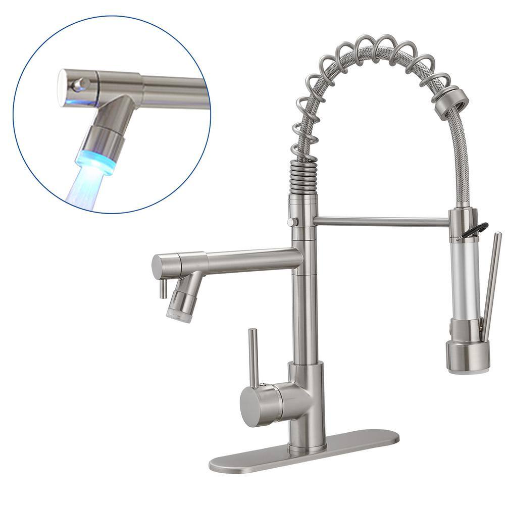 BWE Single Handle Pull-Down Sprayer Kitchen Faucet With LED Light  Deck Plate in Brushed Nickel A-9L4016-N