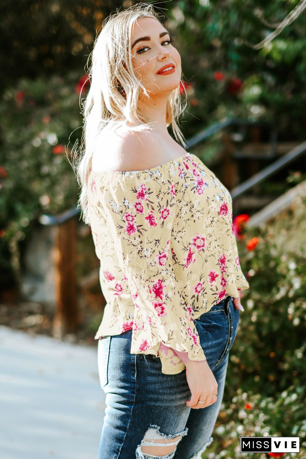 Plus Size Floral Off Shoulder Ruffle Sleeve Top