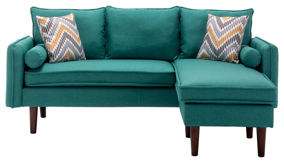 Mia Green Linen Fabric Sectional Sofa Chaise With USB Charger  ampPillows   Midcentury   Sectional Sofas   by Lilola Home  Houzz