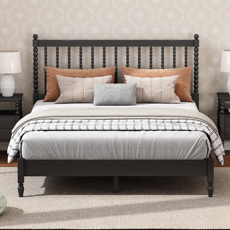 Classic 1/3 Pieces Bedroom Sets  Queen/King Size Wood Platform Bed with Gourd Shaped Headboard and Two 2 Drawer Nightstands