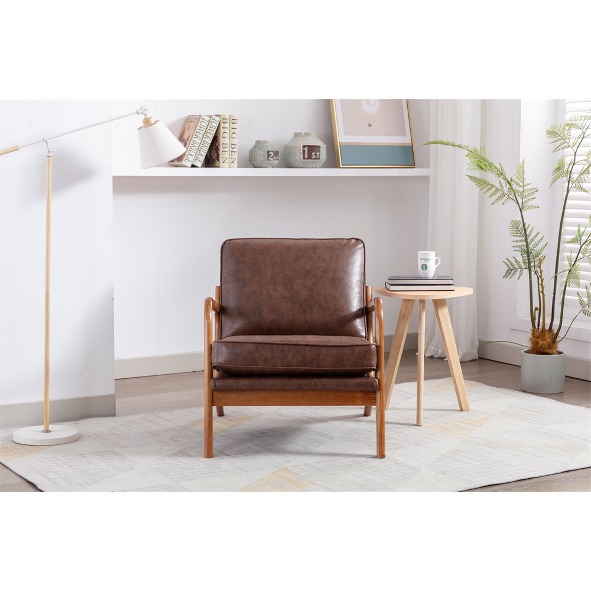 Wood Frame Accent Chair with Vintage Cushions， Brown PU Leather