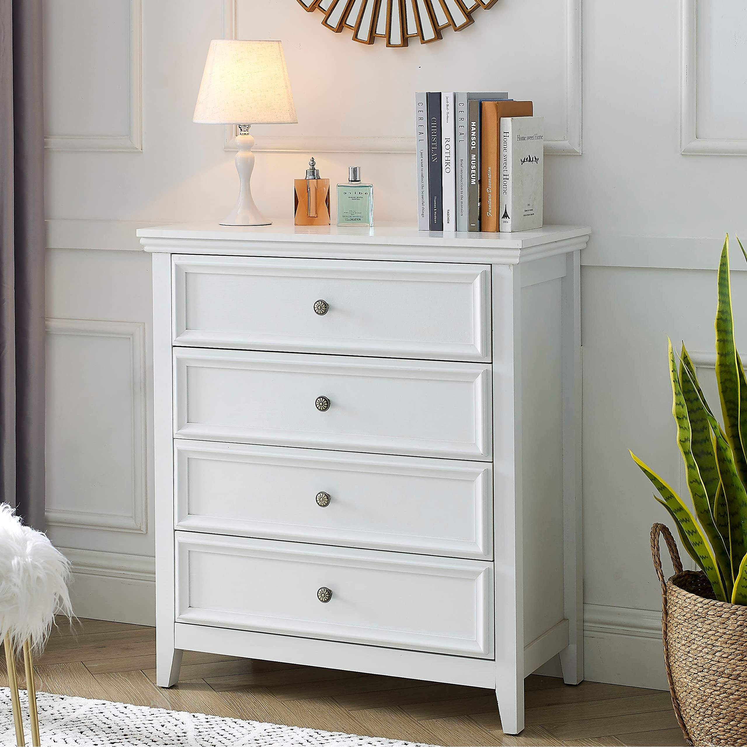 White Dresser for Bedroom， 4 Chest of Drawers Dresser Modern Wood Nightstand， Tall Clothes Organizer Cabinet Kids Dresser - - 37668678