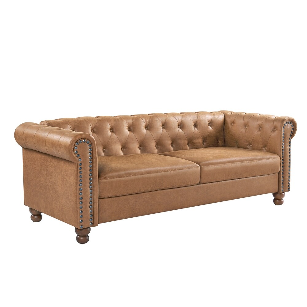 Modern Tufted Fabric Sofa Velvet Upholstered Couch High Tech Fabric for Living Room Sofa with Nailheads Arms and Wood Legs