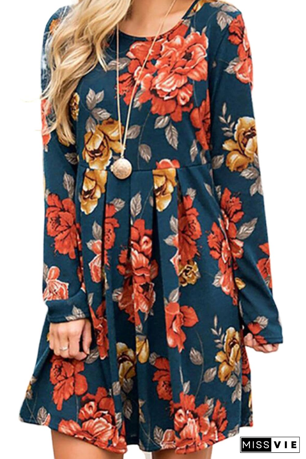 Blue Floral Pleated Long Sleeves Dress