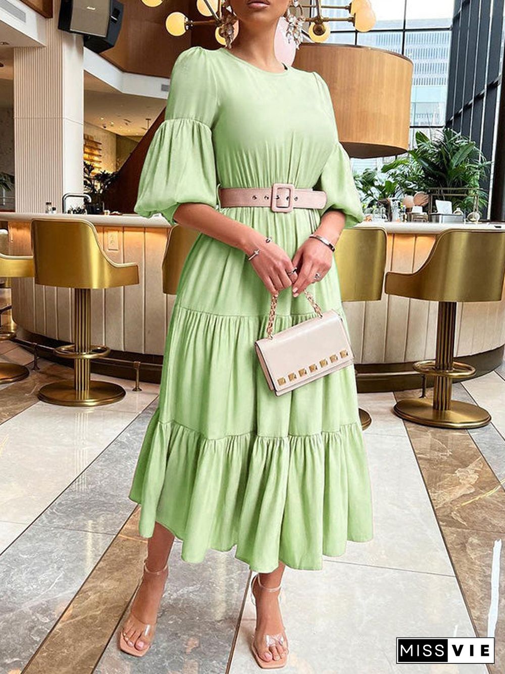 Women'S Dresses Solid Puff Sleeve Belt Ruffle Dress