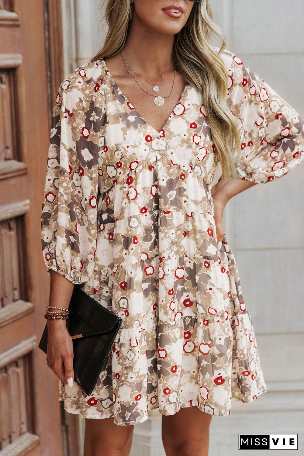 Apricot 3/4 Sleeves V Neck Print Tiered Flowy Short Dress