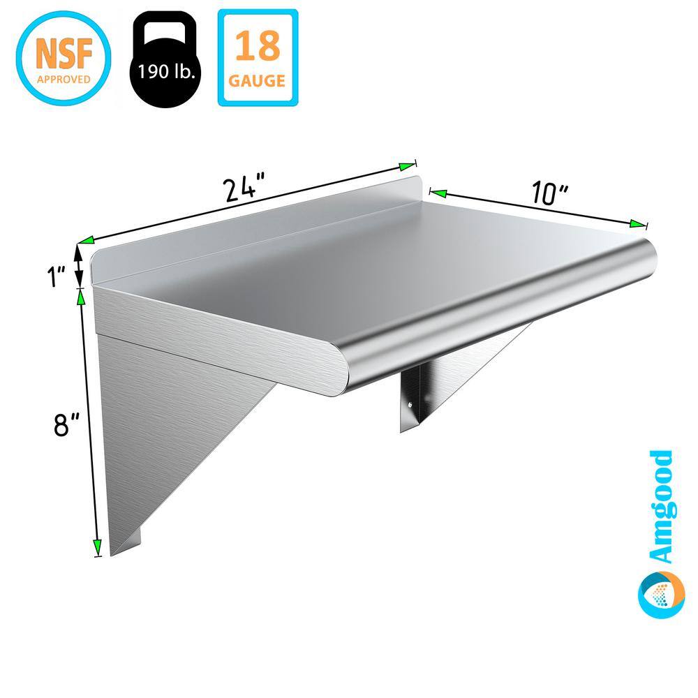 AMGOOD 10 in. x 24 in. Stainless Steel Wall Shelf. Kitchen Restaurant Garage Laundry Metal Shelf with Brackets AMG WS-1024