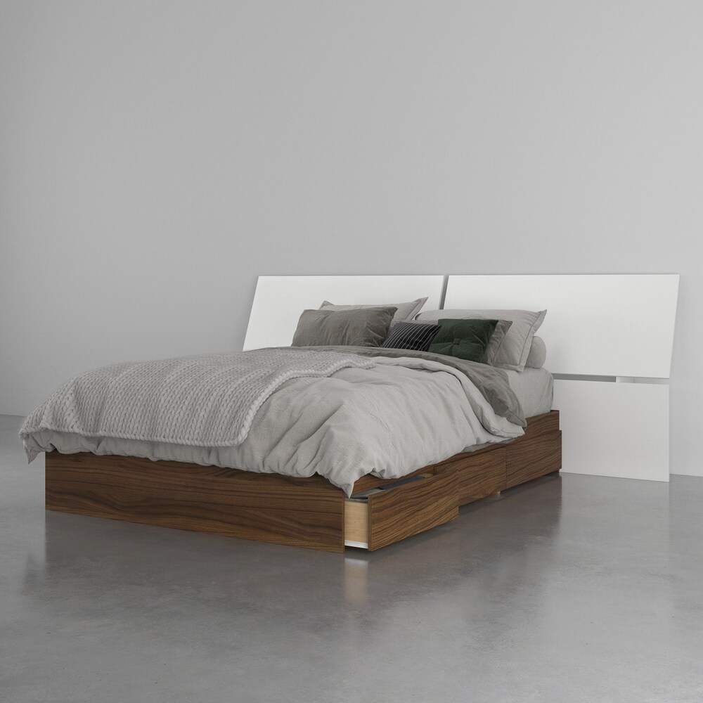 Nexera Cologne 3 Piece Storage Bed with Extra Wide Headboard  Walnut   White