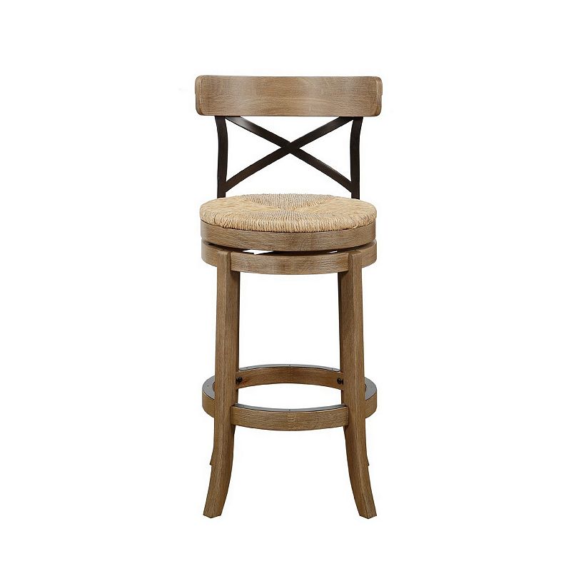 Mia 29 Inch Swivel Barstool， Crossed Metal Back， Sedge Seat， Natural Brown