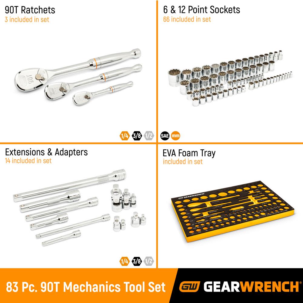 GEARWRENCH SAE/Metric Mechanics Tool Set with EVA Foam Tray 1/4 3/8 1/2 90T 83pc