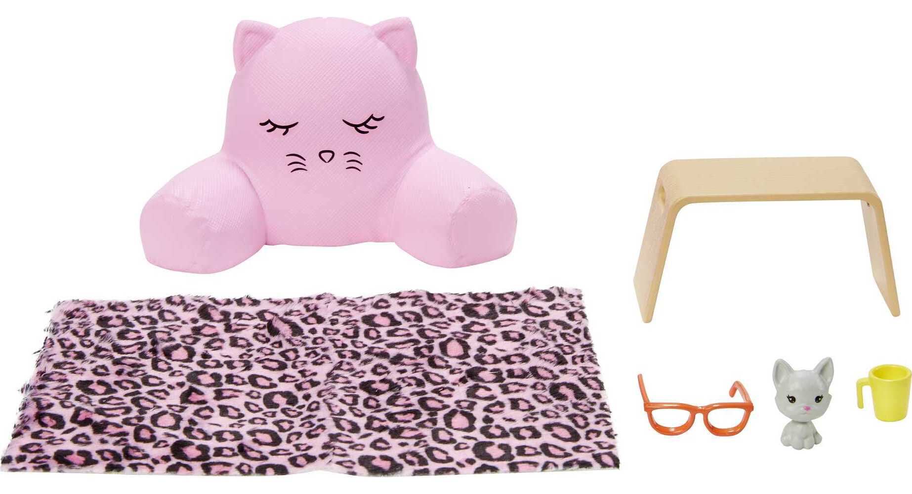 Barbie Doll Lounge Accessory Pack with 6 Pieces, Cozy Pillow, Blanket, Pet Cat and More