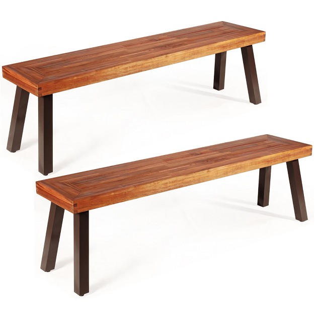 Costway Set Of 2 Patio Acacia Wood Dining Bench With Rustic Steel Legs Outdoor Indoor