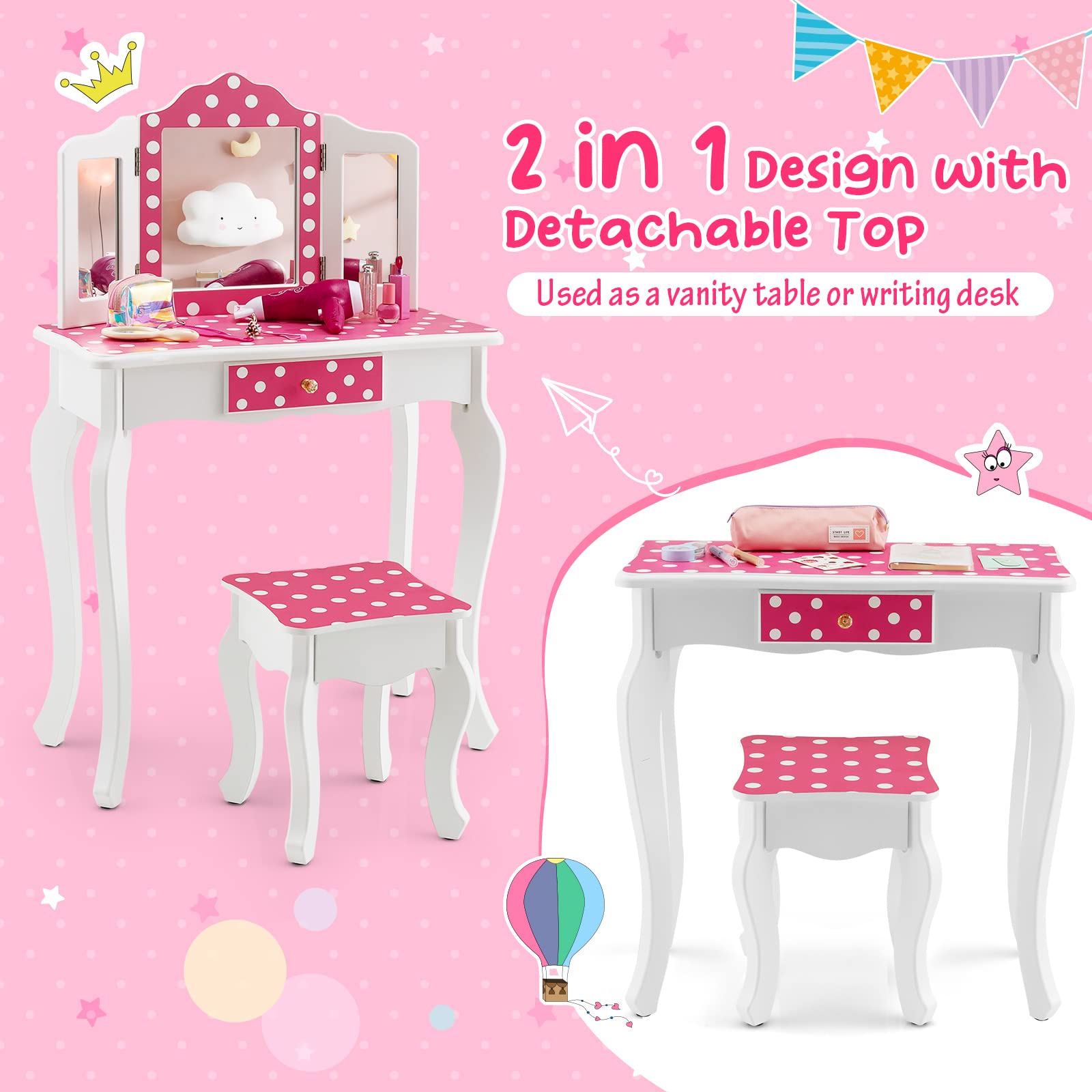 Costzon Kids Vanity Table and Chair Set, Girls Vanity Set with Mirror and Stool, Pretend Play Vanity Set for Little Girls