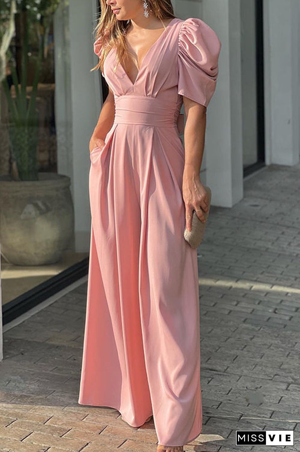 V Neck Puff Sleeve Belted Jumpsuit