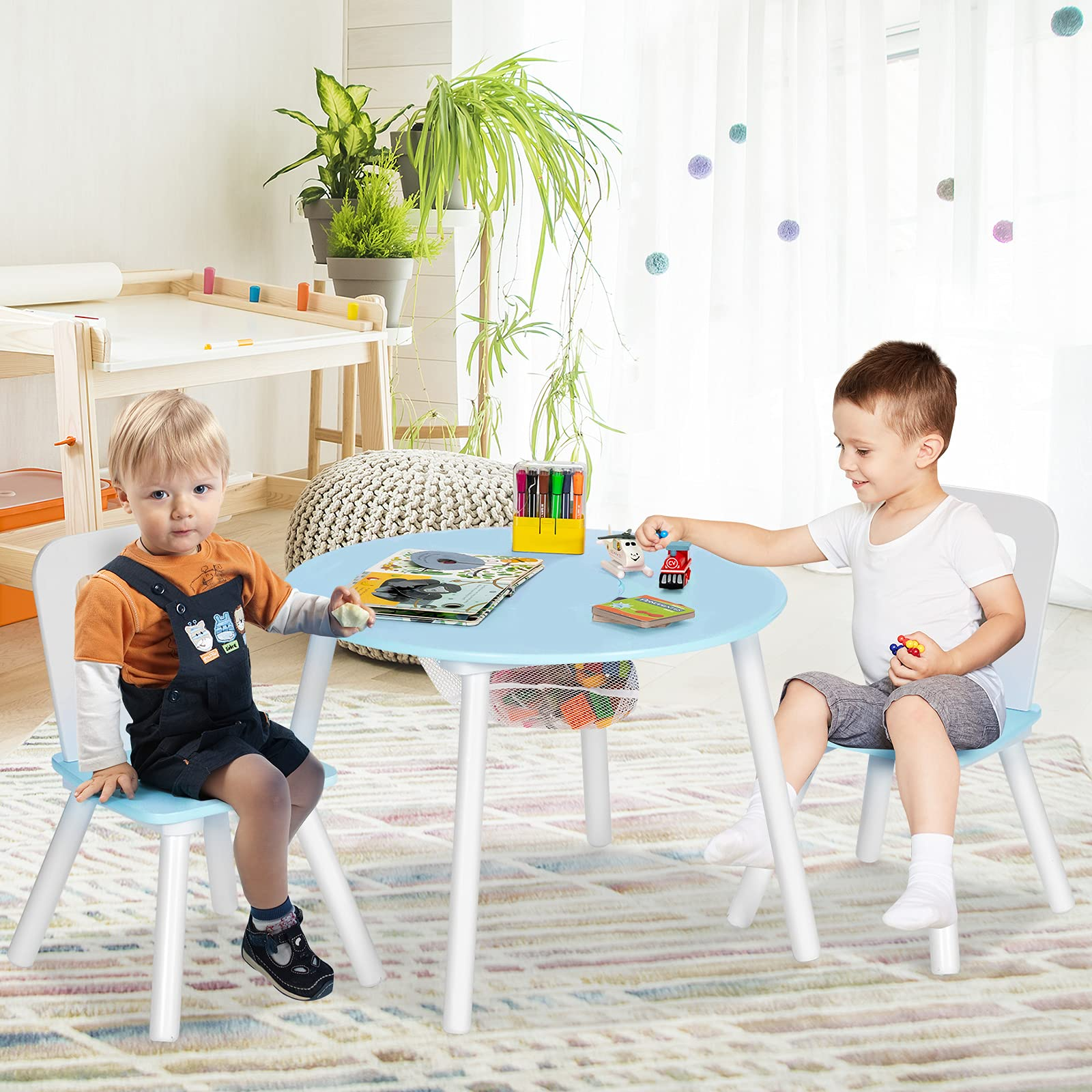 Costzon Kids Table and Chair Set, Wood Activity Table w/Center Mesh Storage