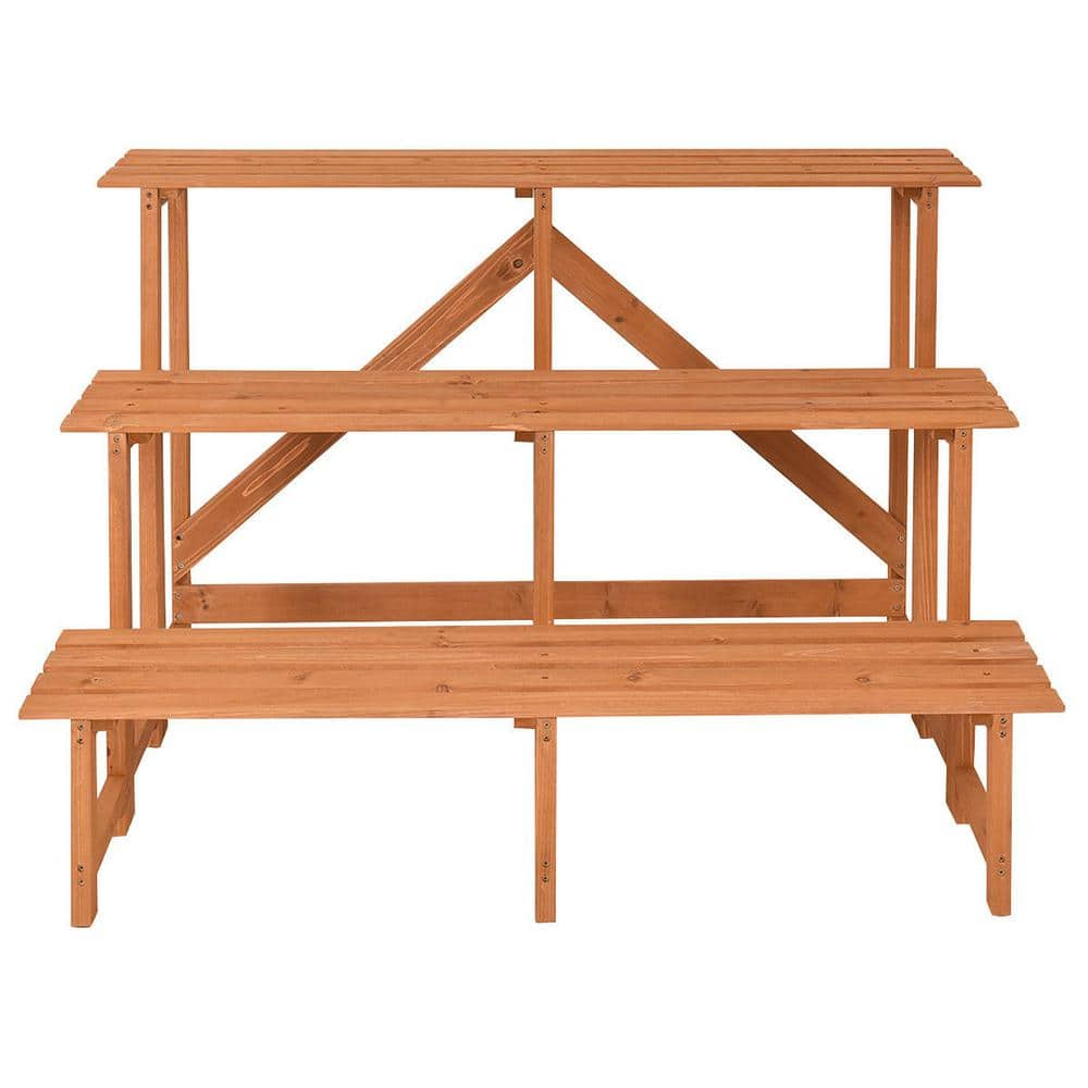 Costway 47 in. L x 31 in. W x 32.5 in. H Indoor/Outdoor Yellow Wood Plant Stand 3-Tier CYW50356