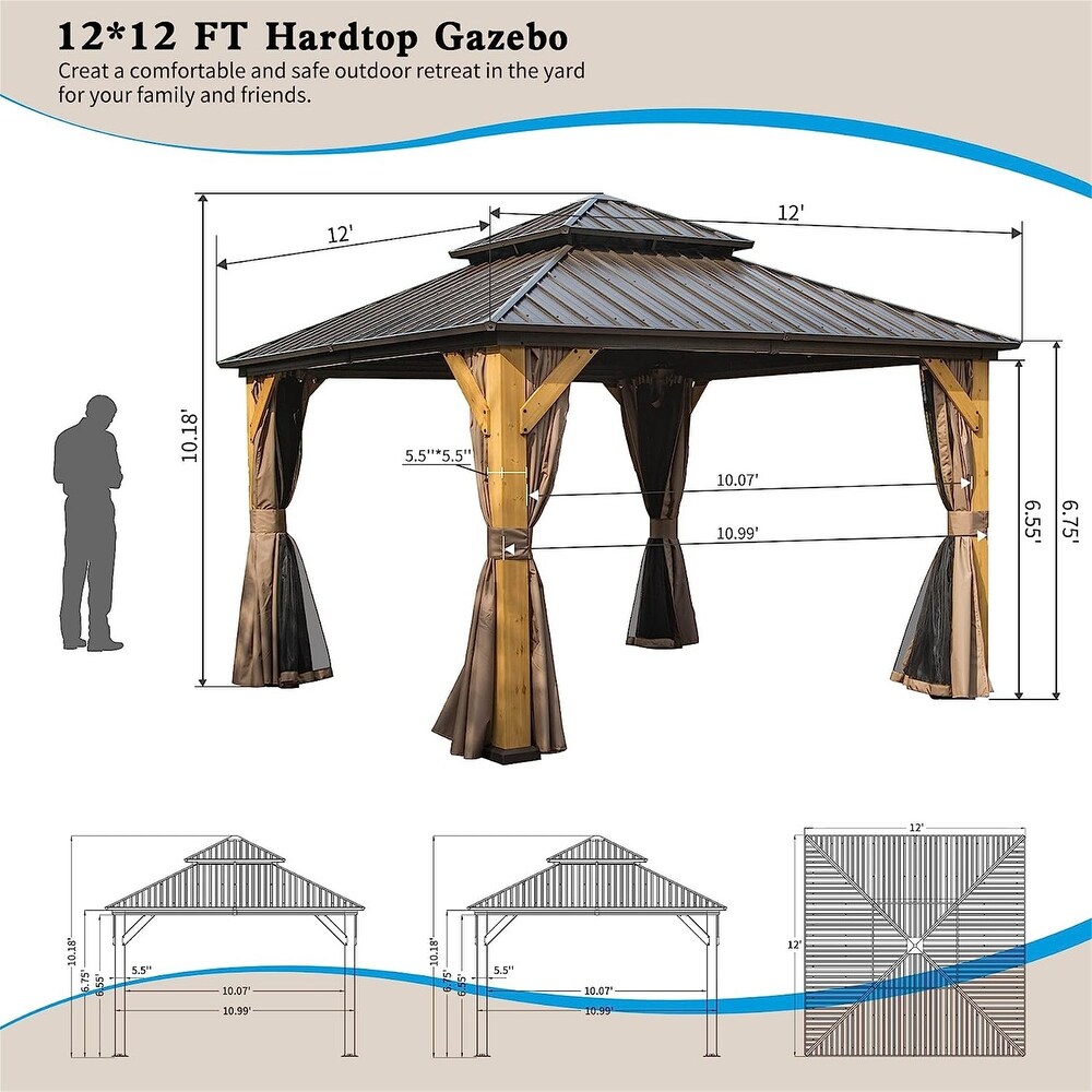 Outdoor Hardtop Gazebo  12ft x 12ft Cedar Wood Frame Pergola with Metal Double Roof Curtains Netting for Patio Brown