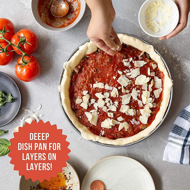 Chef Pomodoro Chicago Deep Dish Pizza Pan， 12-inch， Hard Anodized Aluminum， Pre-seasoned Bakeware