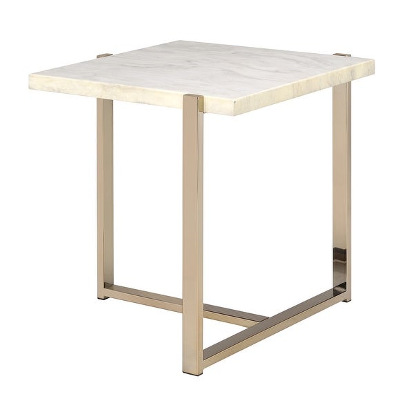 Modern Style Marbleized Wooden End Table with Tubular Metal Frame， Gold and White - 24.25 H x 23 W x 23.75 L Inches